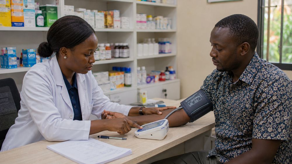 Healthcare worker measuring a patient’s blood pressure